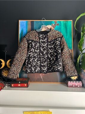 Zara Girls Quilted Floral Jacket Black Patchwork Lightweight Coat Size 11-12
